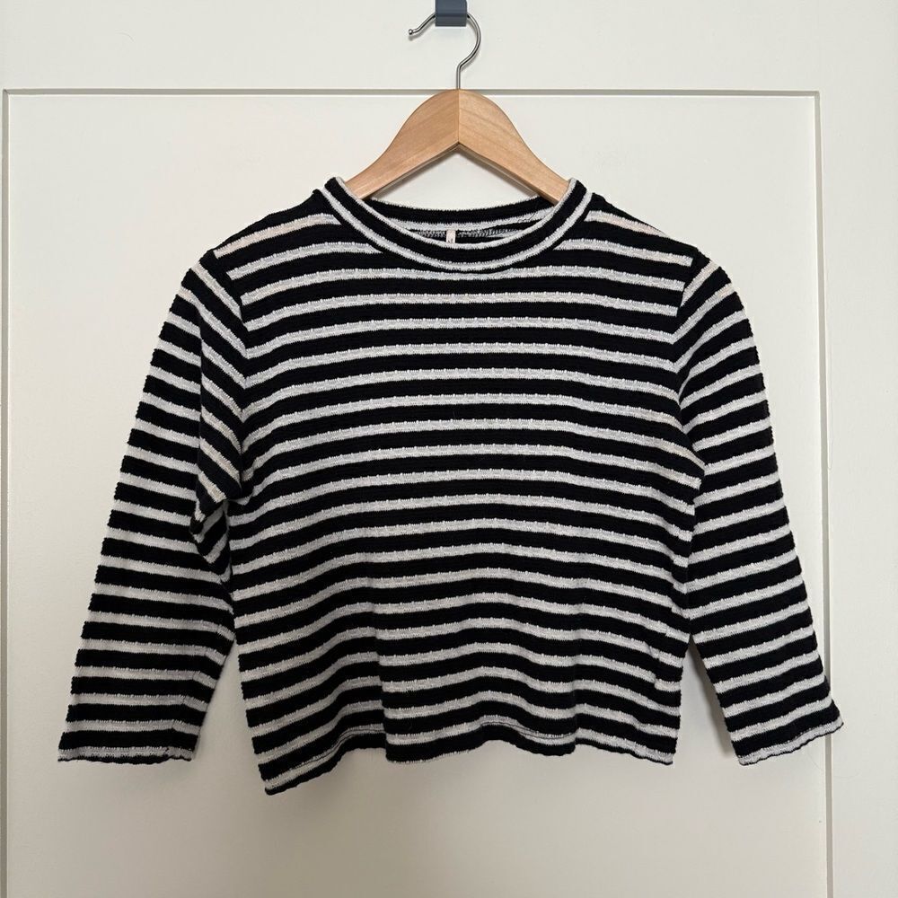 Free People Top Womens Size M Cropped Striped Ribbed 3/4 Sleeve Stretch Nautical